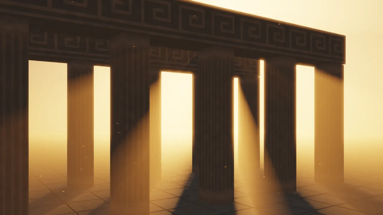 A carved stone colonnade in golden dust, light shafts
                  falling between fluted piers, rendered by Plica.